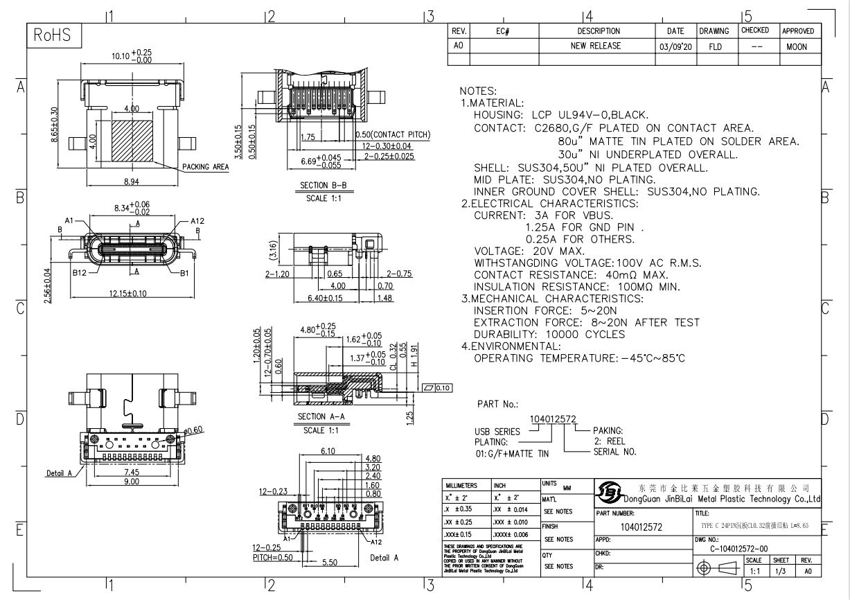 104012562- TYPE C 24PIN沉板CL0.32前插后贴 L=10.0