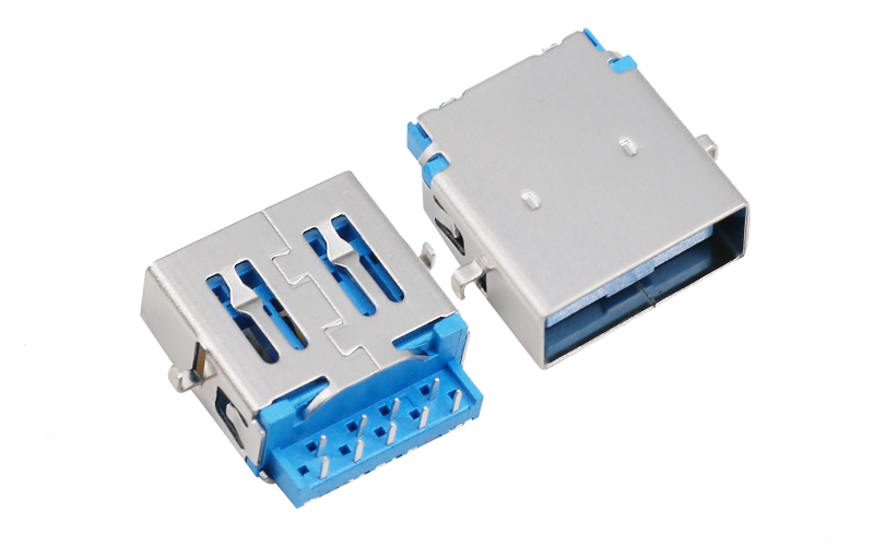 104012902-usb3.0反沉连接器 平口两脚母座 蓝色胶芯